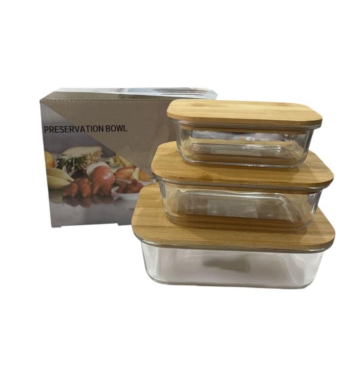 SET DE 3 TAPERS DE VIDRIO CON TAPA DE BAMBU S-2193