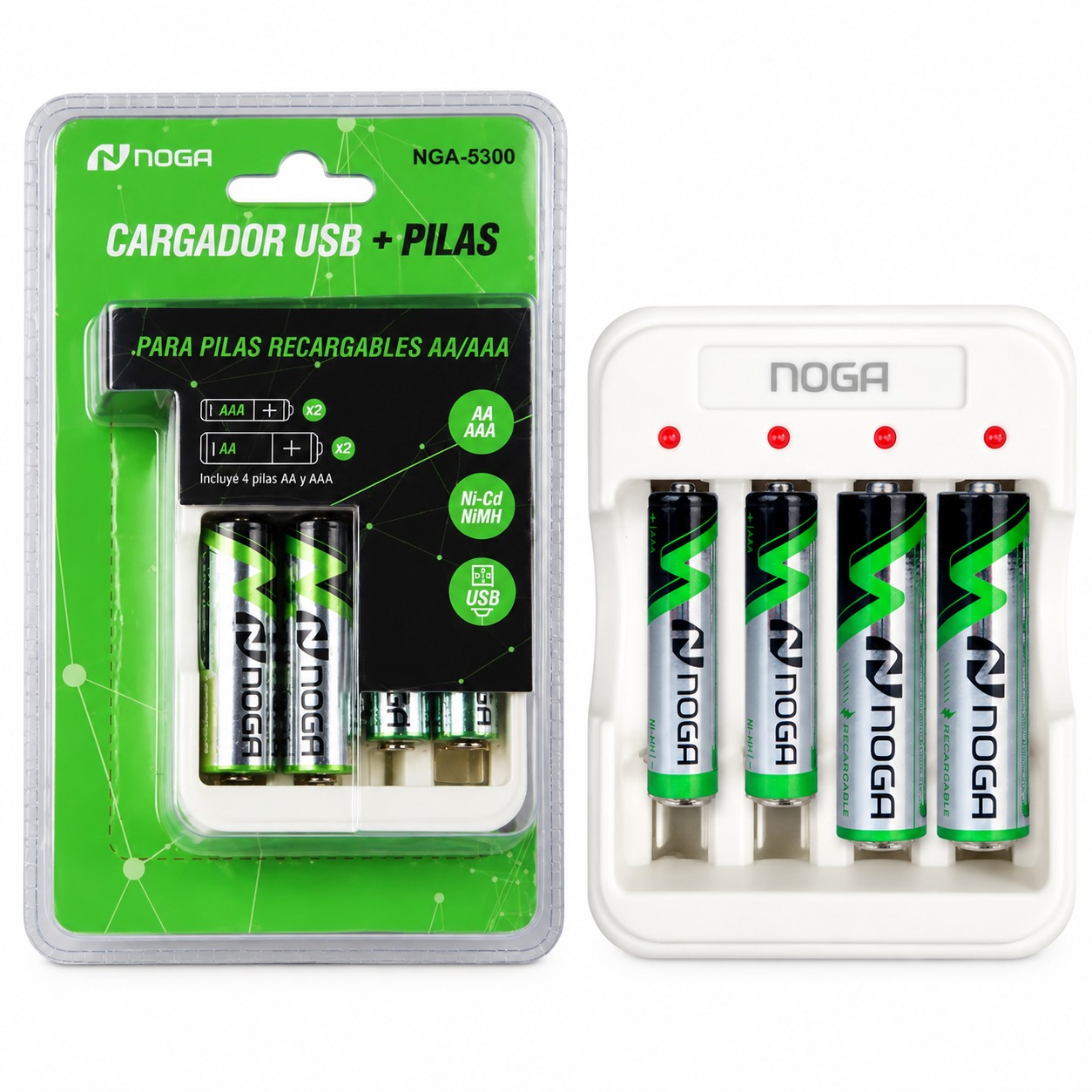 CARGADOR PILAS NOGA NG-5300 4 CANALES USB + 2 PILAS AA Y 2 AAA