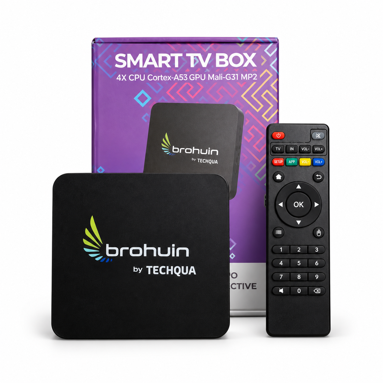 TV BOX TECHQUA 5216 con caja y control remoto sobre fondo blanco