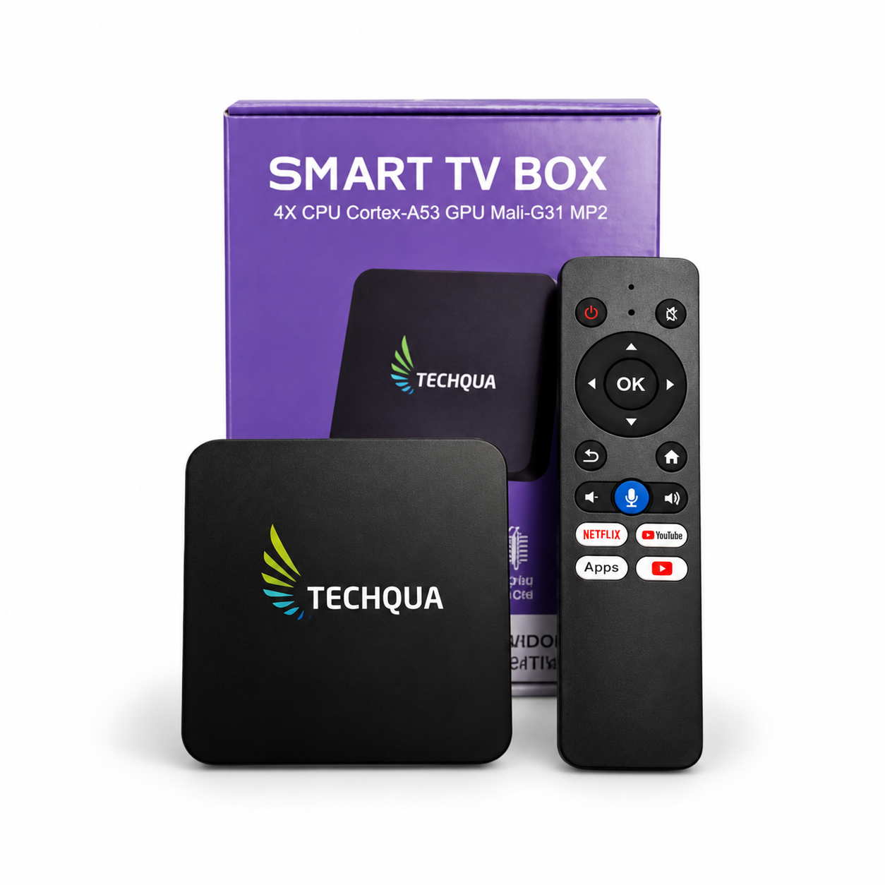 TV BOX TECHQUA 5208 con caja y control remoto sobre fondo blanco