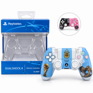 Joystick PS4 con caja y diseños Argentina y rosa con negro
