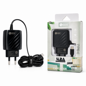 CARGADOR DE VIAJE CON CABLE 4.2A 2 USB TIPOC IB-407