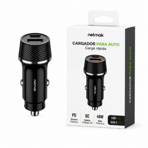CARGADOR 12V USB + TIPO C PARA AUTO 48W NETMAK NM-UCC12