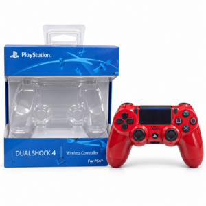 Joystick PS4 rojo con caja sobre fondo blanco