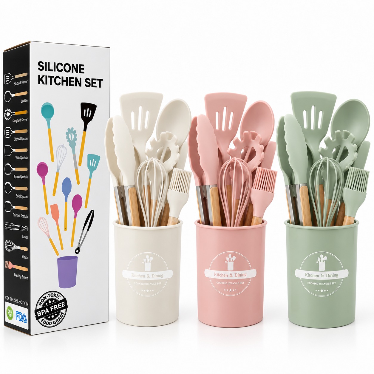 SET UTENSILIOS DE 12 PCS DE COCINA MADERA SILICONA