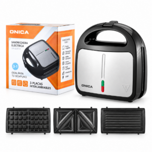 Sandwichera ONICA OA-ED010 3 en 1 con su caja a la izquierda y placas para waffles, tostados y grill.