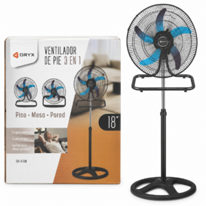 Ventilador de pie ORYX 3 en 1 IF324 con caja a la izquierda y modelo aprobado a la derecha