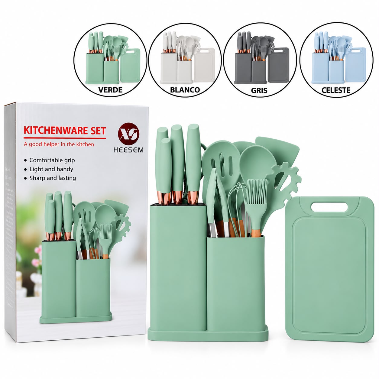 SET UTENSILIOS DE 19 PCS DE COCINA MADERA SILICONA