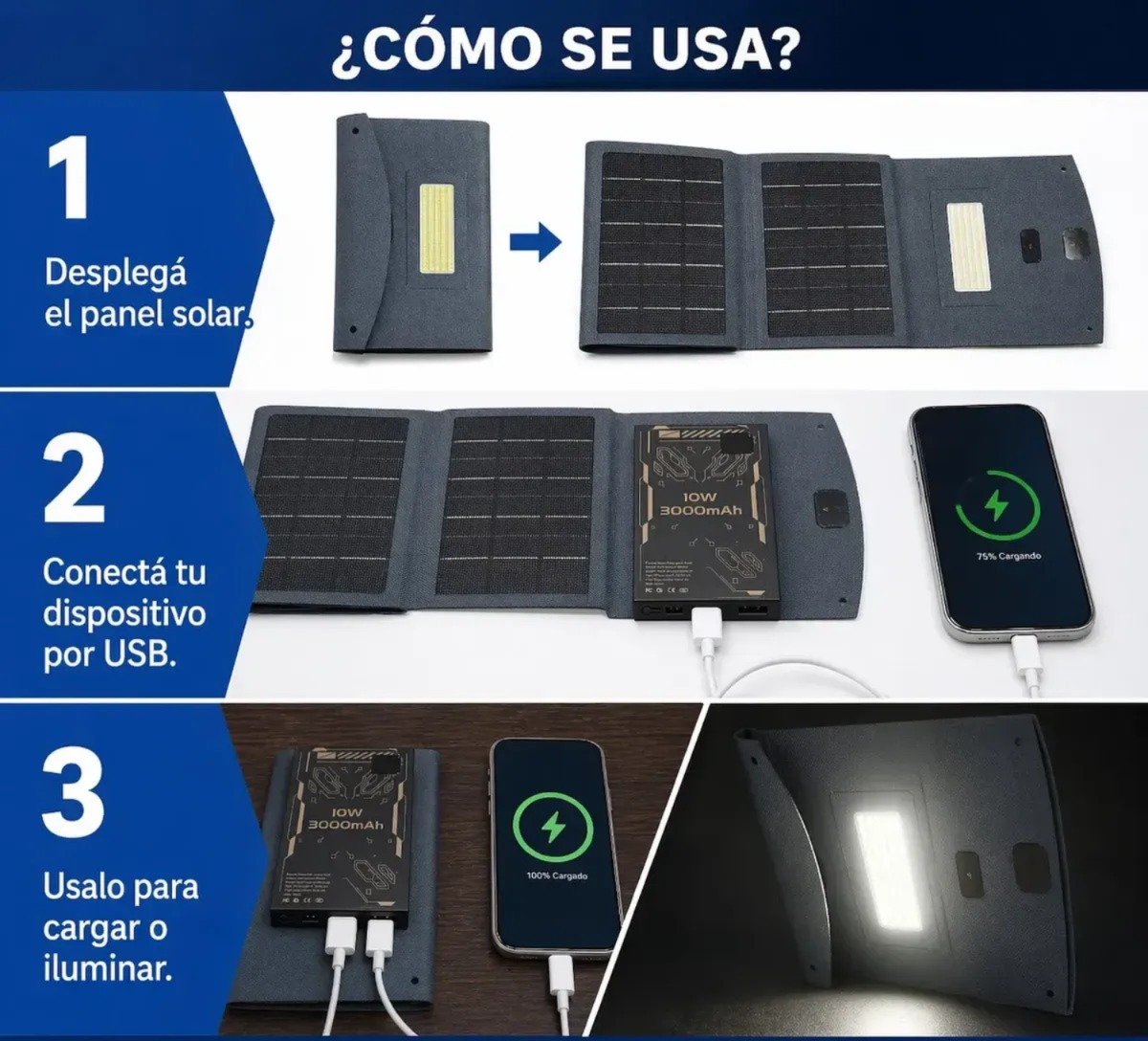 CARGADOR SOLAR PORTATIL PLEGABLE DE 10W CON POWER BANK DE 3000 MAH - Imagen 5